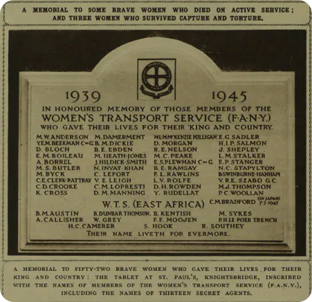 A memorial to women who died in WW2 with a list of names