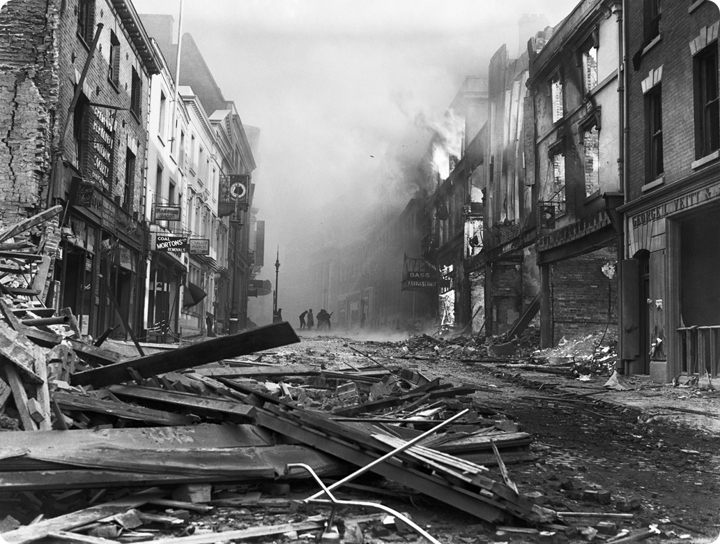 A street destroyed by the bombing during the Blitz, WW2