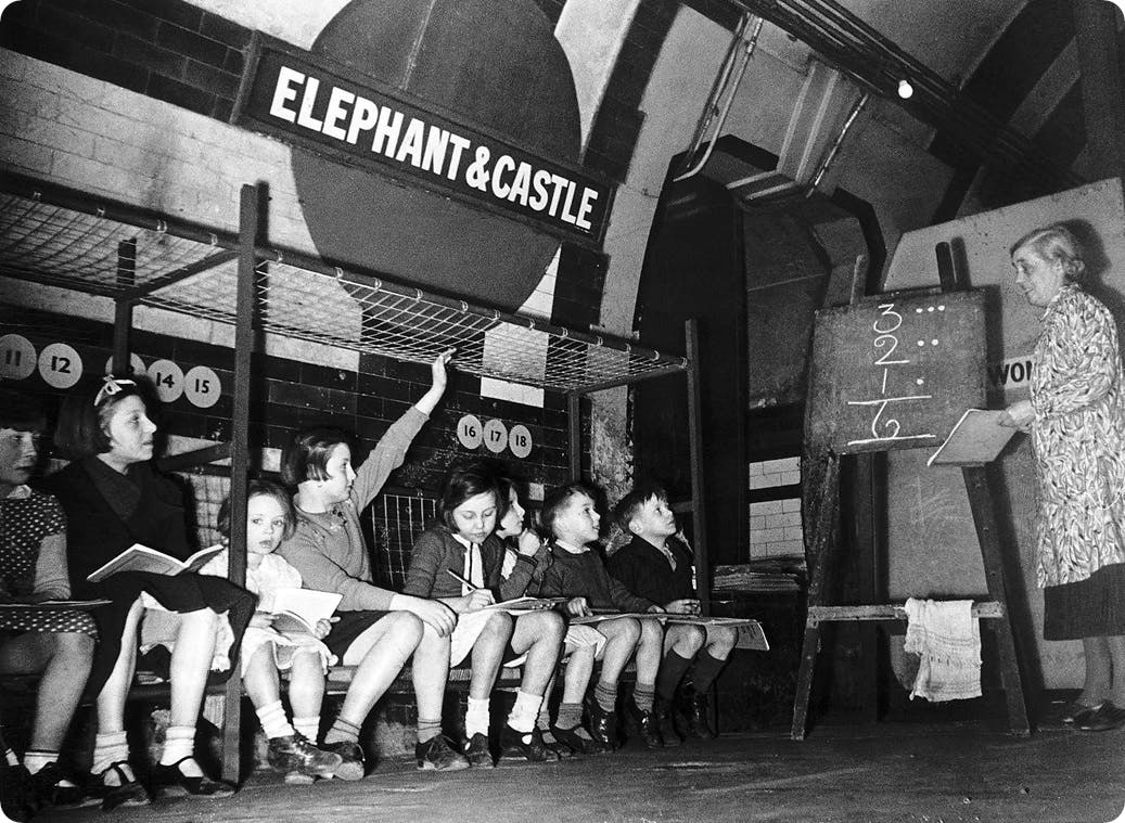 A maths class in Elephant & Castle Underground Station during the Blitz