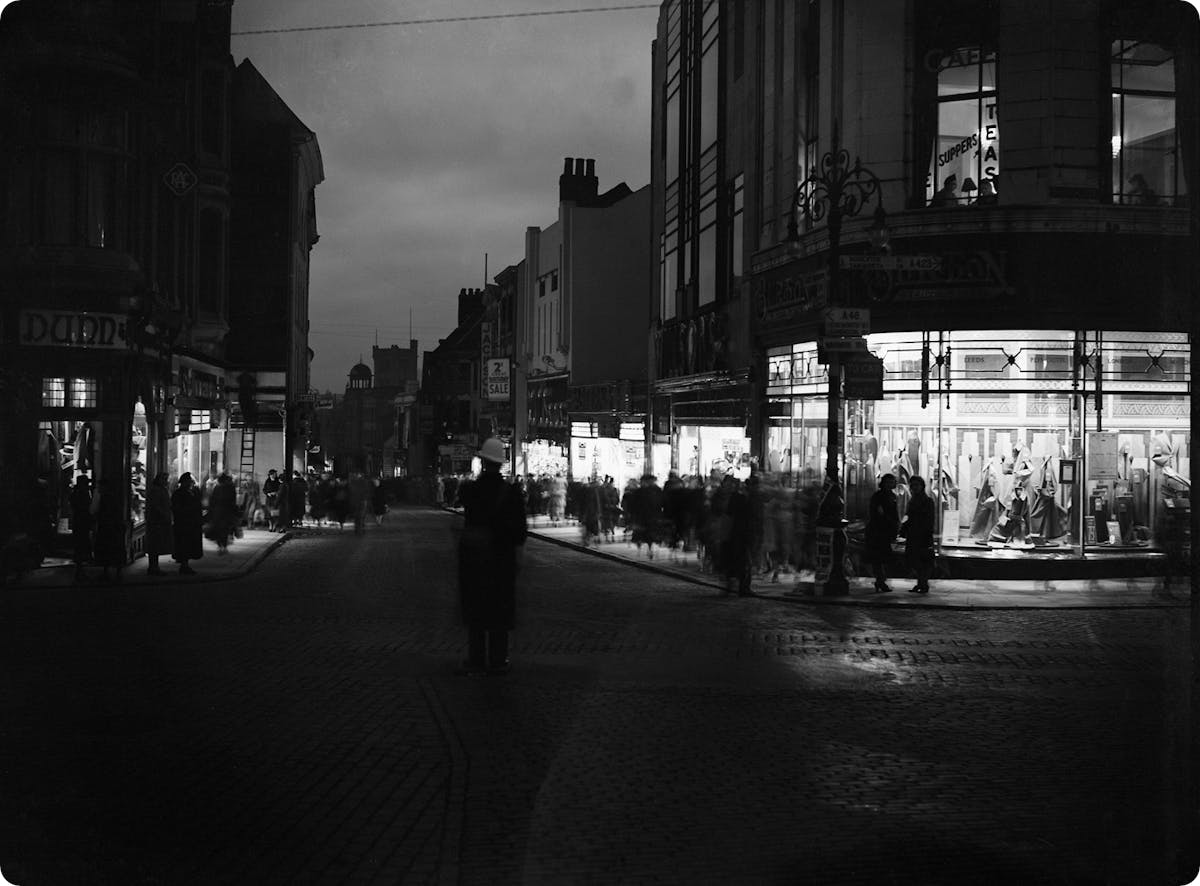 A blackout on a city street in Britain during World War 2