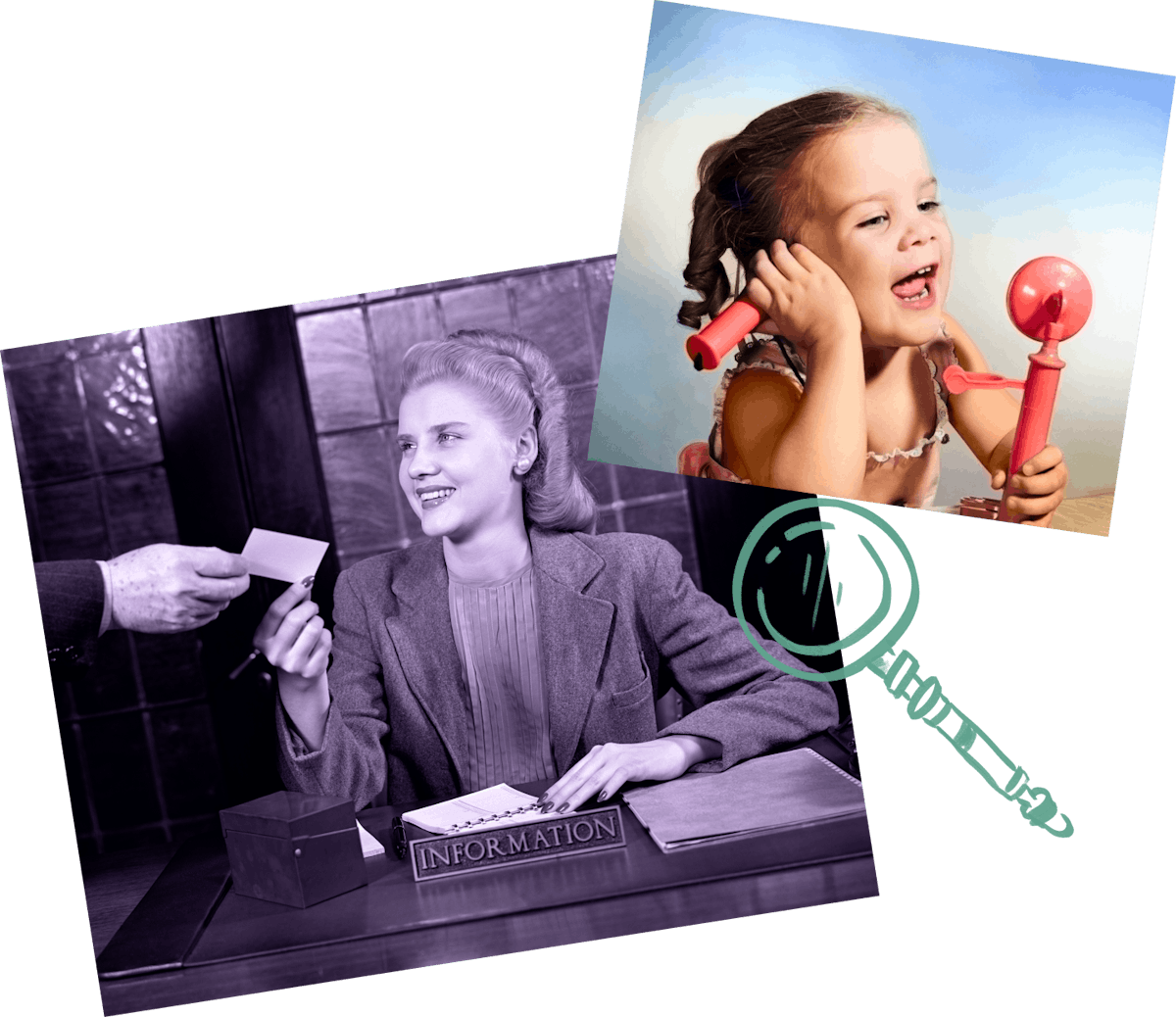 A black-and-white photograph of a woman working at an information desk, and a bright photograph of a young girl playing with a toy telephone