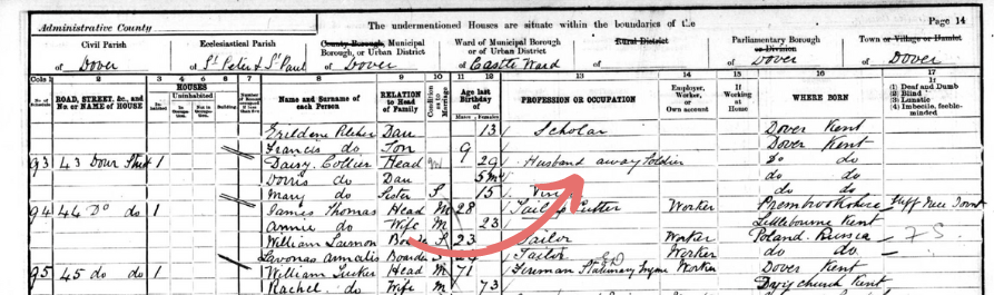 The 1901 Census entry of Daisy Collier, whose husband is a soldier fighting overseas. 