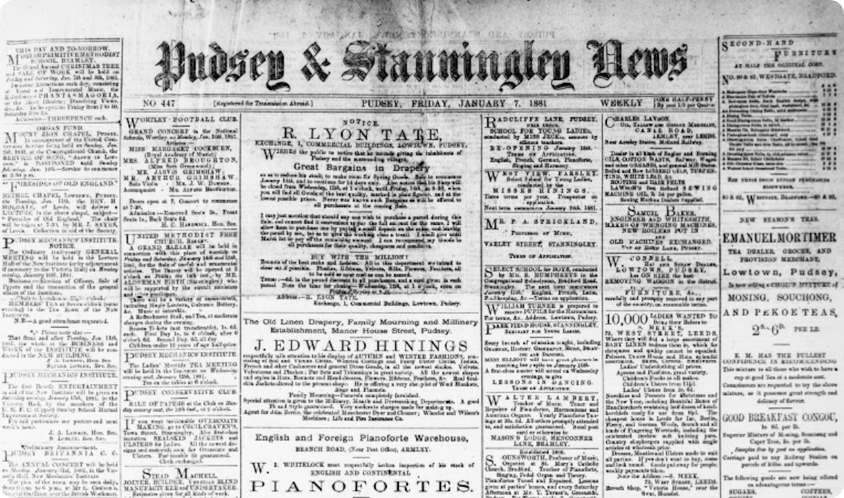 Pudsey & Stanningley News, 7 January 1881.