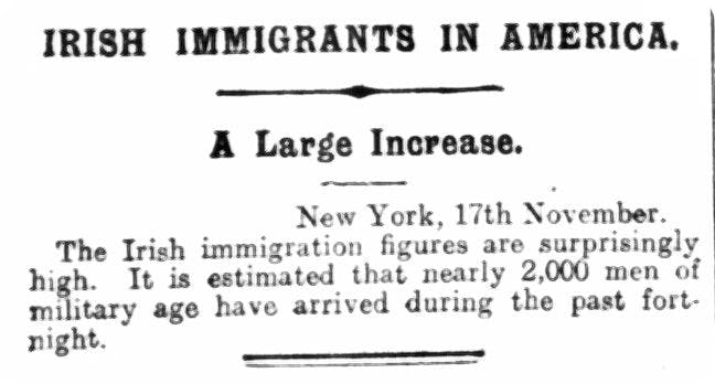 Irish immigration to the US, reported on in the Belfast Weekly News, 26 November 1914.