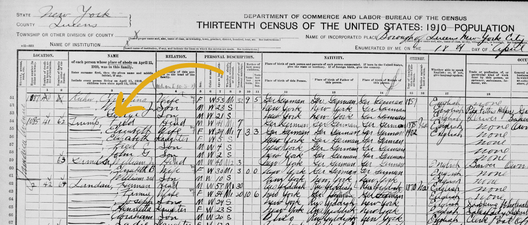 The 1910 Census record of Donald Trump's grandparents and father.