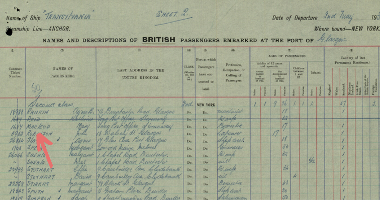 Mary MacLeod's passenger list, 1930.