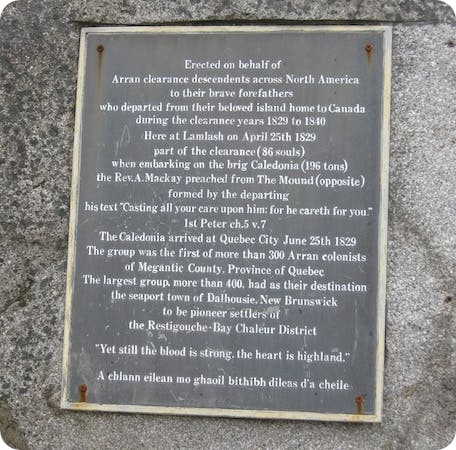 Highland Clearances commemorative plaque on the Isle of Arran