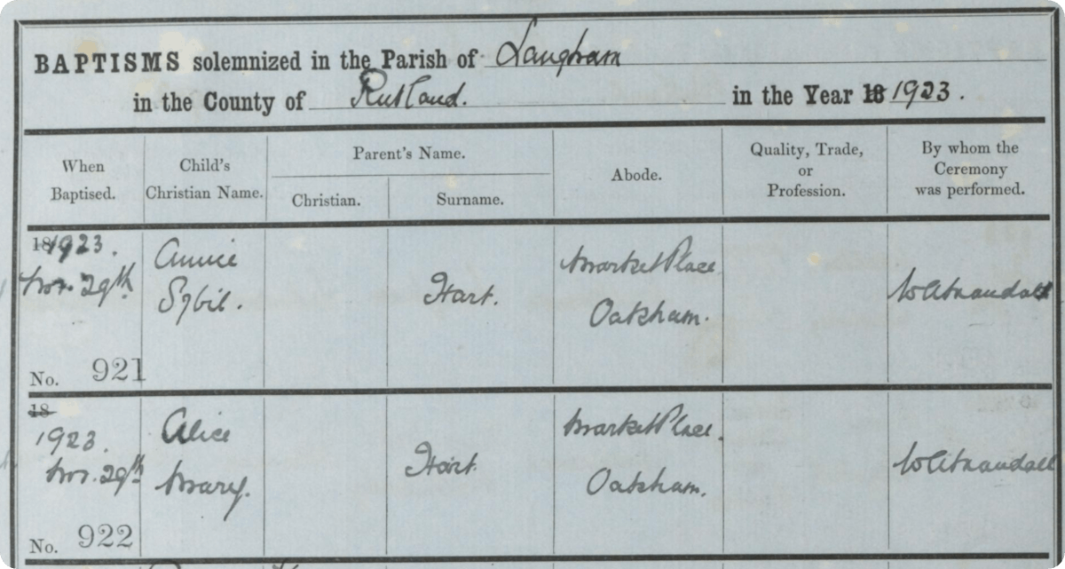 Rutland baptism record from 1924.