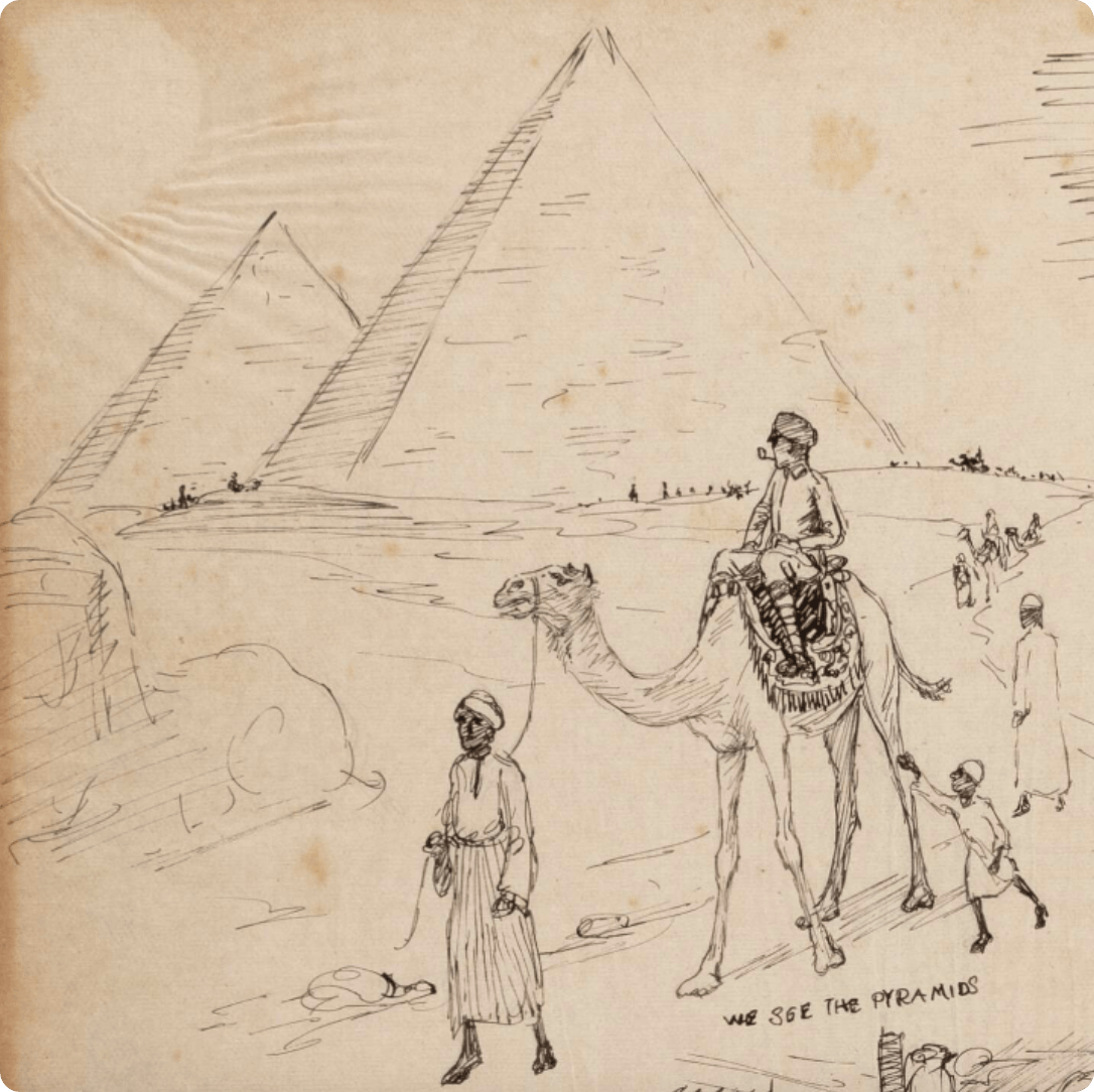 sketch of Soldiers seeing the pyramids in Egypt.