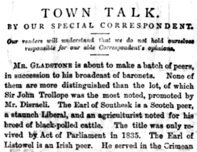 'Town Talk', Woodford Times, 1869.