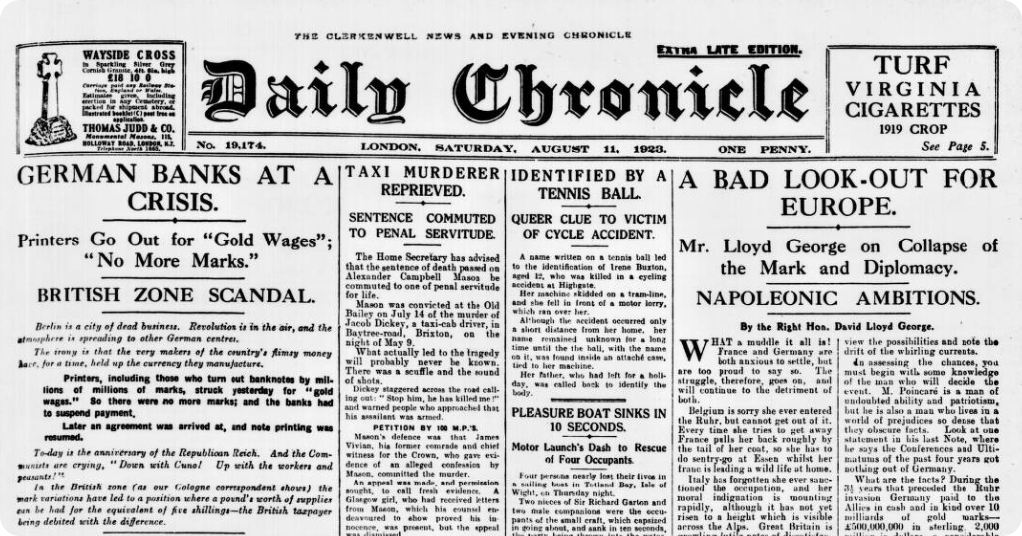 100 years ago today: London Daily Chronicle - Saturday 11 August 1923