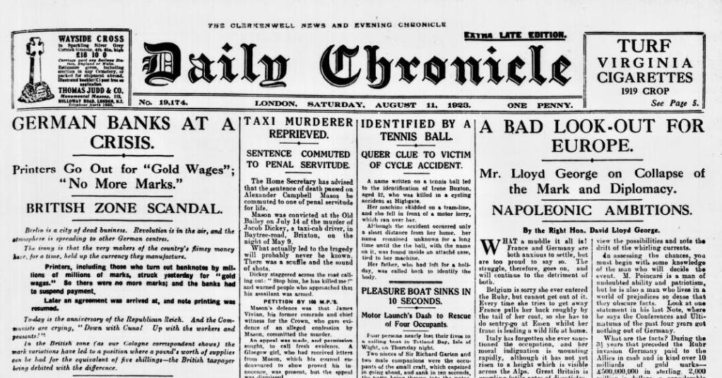 100 years ago today: London Daily Chronicle - Saturday 11 August 1923