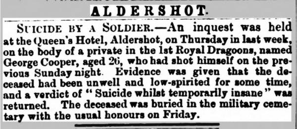 An article from the Reading Mercury, describing the tragic suicide of an ex-soldier, later buried in the Aldershot military Cemetery. 