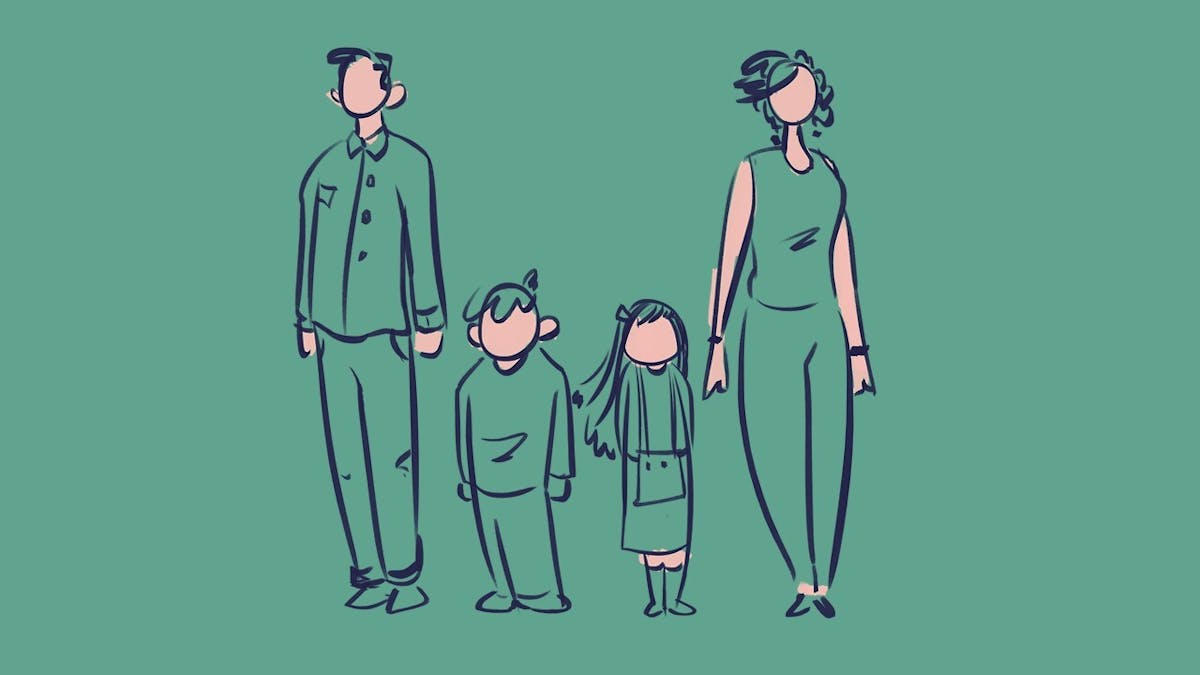 A graphic of a family on a green background