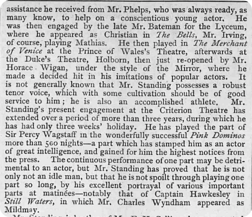A newspaper extract describing Herbert Standing acting career