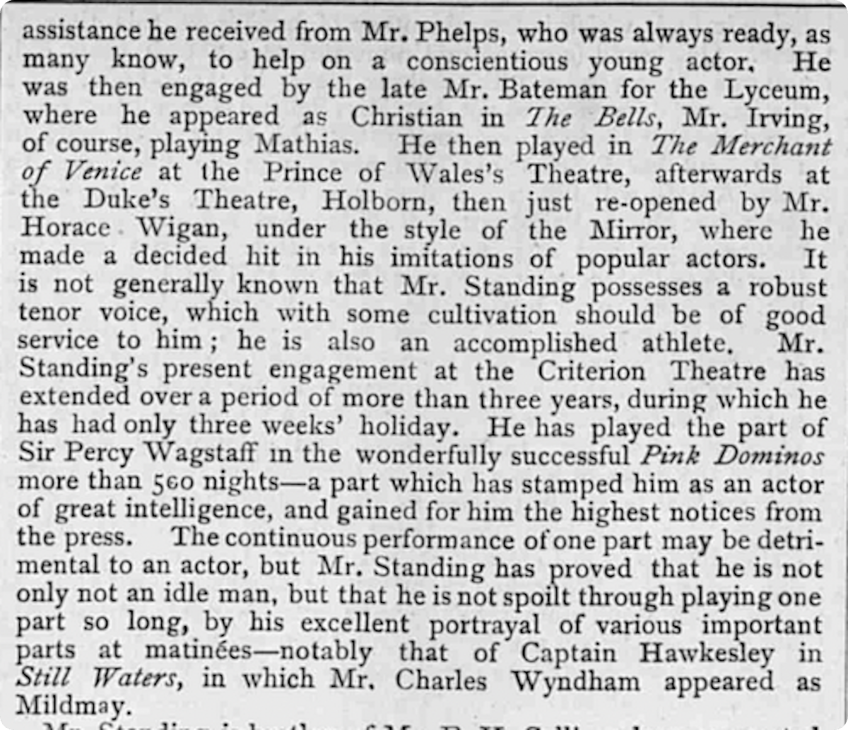 A newspaper extract describing Herbert Standing acting career