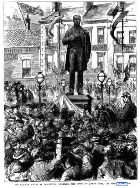 An illustration from the Graphic, entitled 'The Railway Jubilee at Darlington - unveiling the statue of Joseph Pease, the first Quaker MP', 1875.