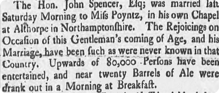 Diana's ancestor John, 1st Earl Spencer, married Margaret Poyntz in 1755.