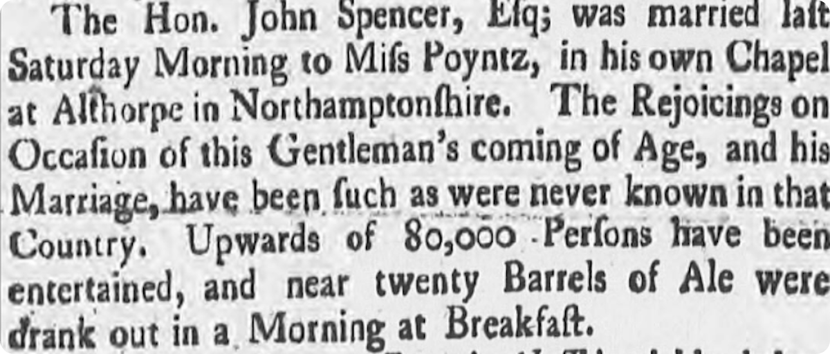 Diana's ancestor John, 1st Earl Spencer, married Margaret Poyntz in 1755.