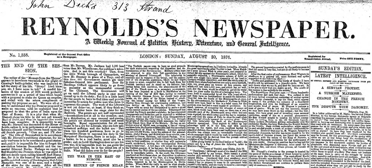 Reynold's Newspaper described itself as a 'weekly journal of politics, history, literature and general intelligence'.