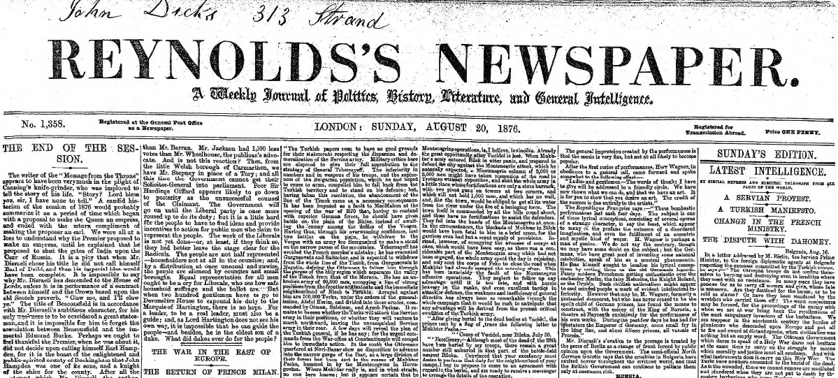Reynold's Newspaper described itself as a 'weekly journal of politics, history, literature and general intelligence'.