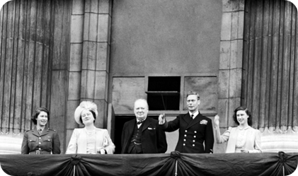 Buckingham Palace’s balcony on VE Day in 1945