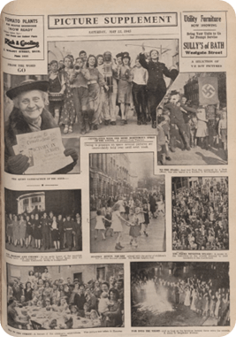The front page of the Bath Chronicle and Weekly Gazzette highlights VE Day celebrations