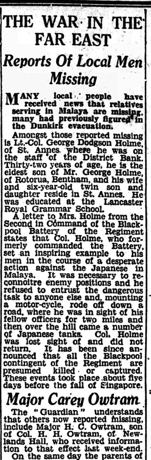 An article in the Lancaster Guardian reporting on local men reported missing in 1942