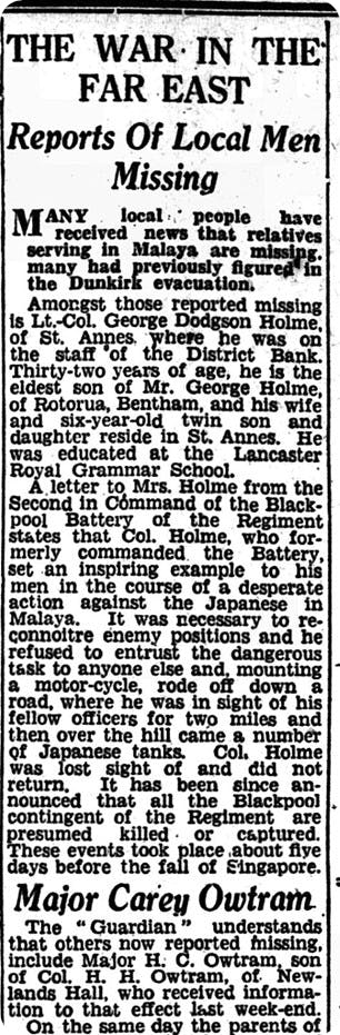 An article in the Lancaster Guardian reporting on local men reported missing in 1942