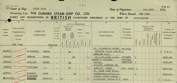 Pat Owtram in the Passenger List heading to the USA