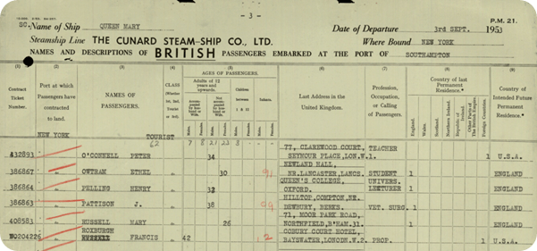 Pat Owtram in the Passenger List heading to the USA
