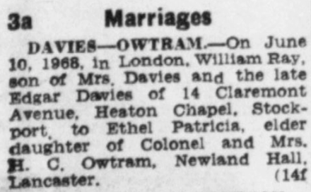 Pat Owtram's marriage announcement in the Lancaster Guardian