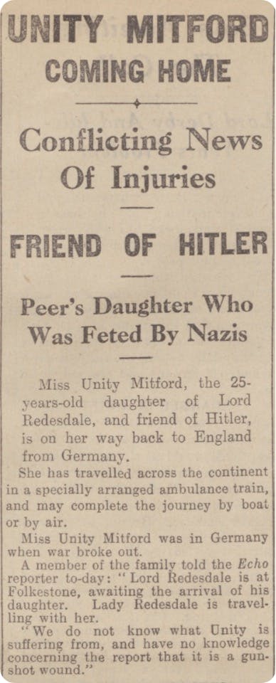 newspaper article about unity mitford