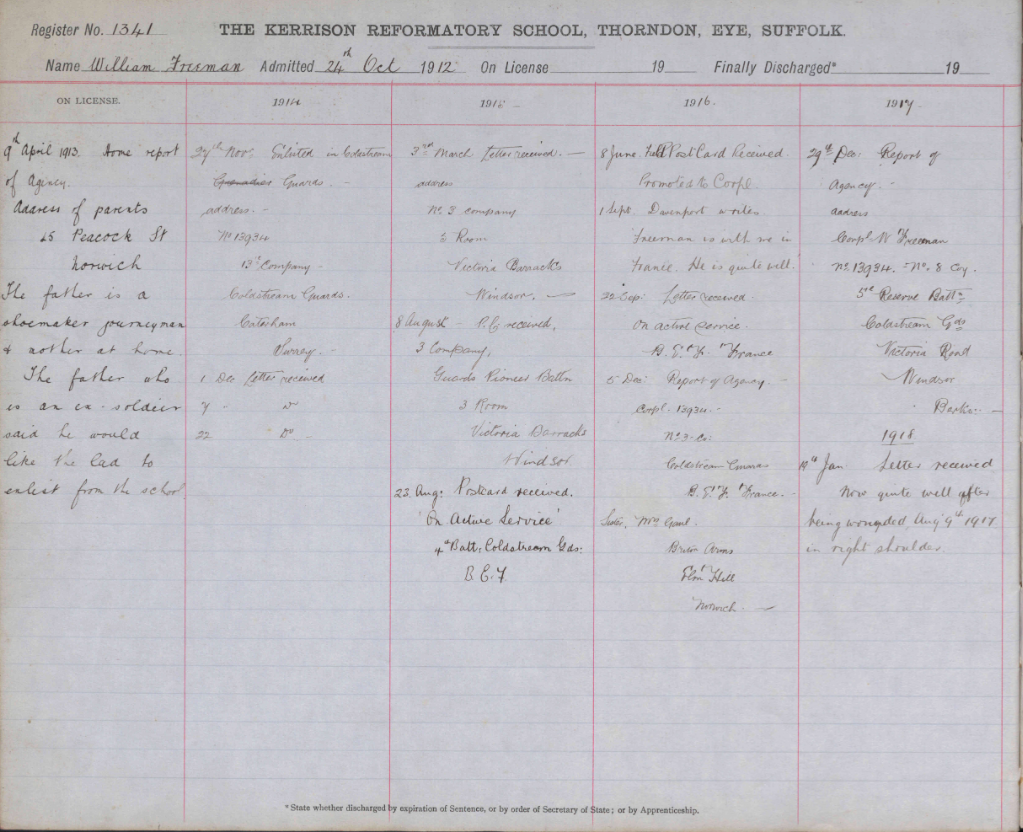 William Freeman's WW1 movements in a school record