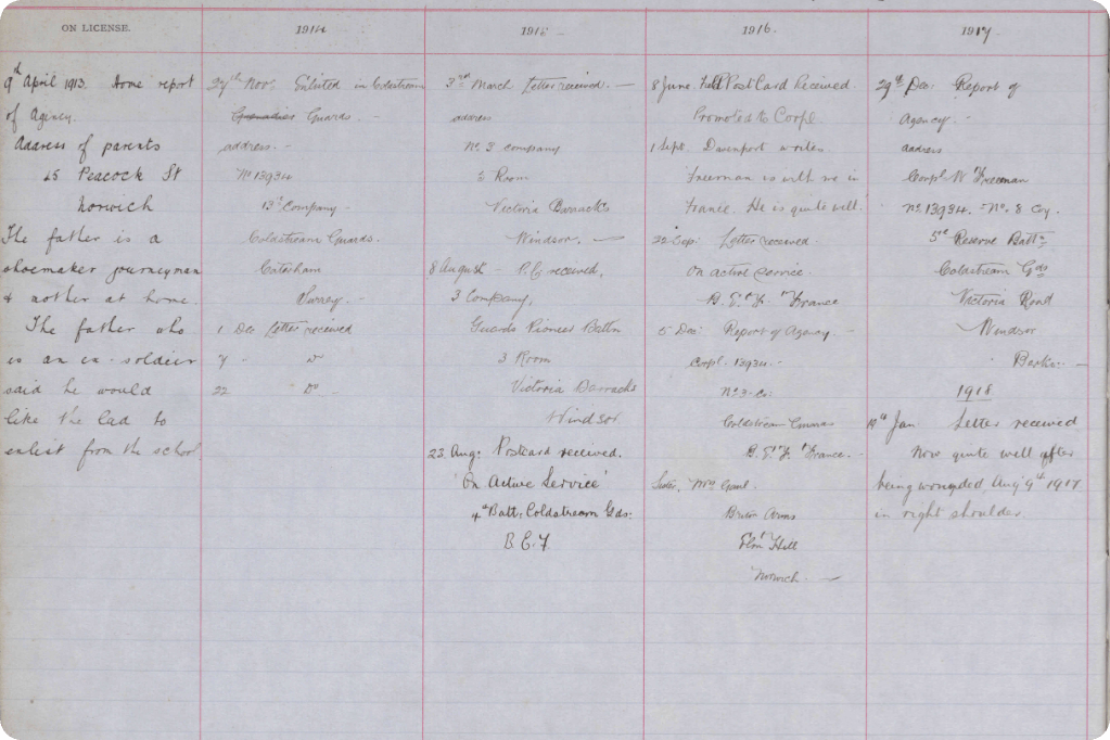 William Freeman's WW1 movements in a school record