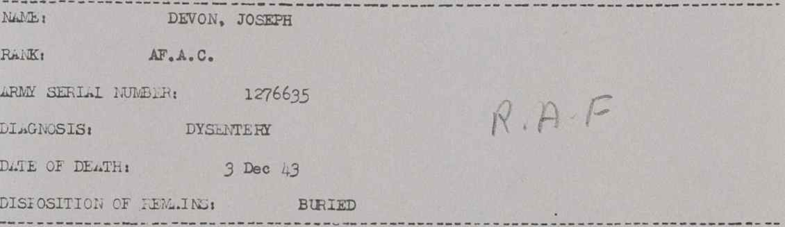 POW death record for Joseph Devon