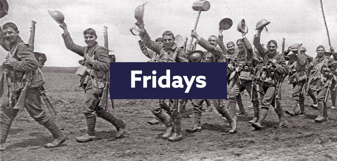 Findmypast Fridays logo with smiling soldiers holding their helmets in the air