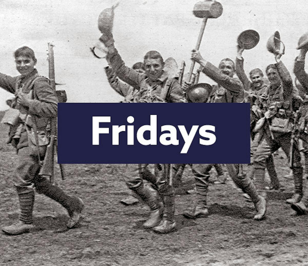 Findmypast Fridays logo with smiling soldiers holding their helmets in the air