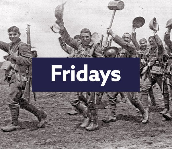 Findmypast Fridays logo with smiling soldiers holding their helmets in the air