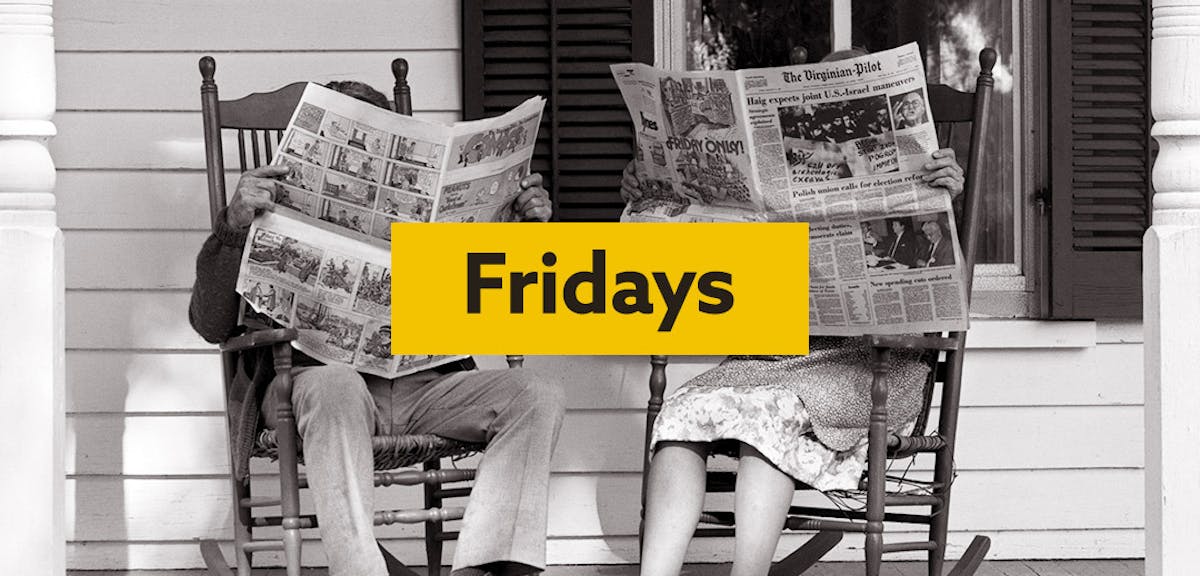 Findmypast Fridays logo overlaid on a photo of two people on rocking chairs reading old newspapers
