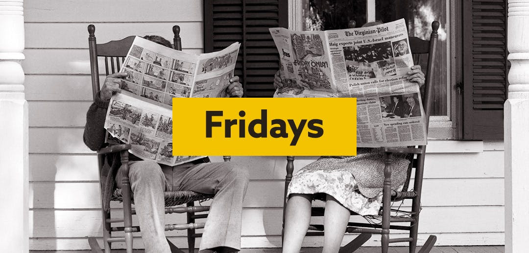 Findmypast Fridays logo overlaid on a photo of two people on rocking chairs reading old newspapers