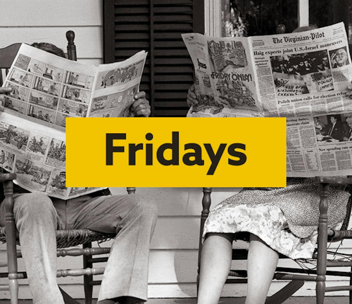 Findmypast Fridays logo overlaid on a photo of two people on rocking chairs reading old newspapers