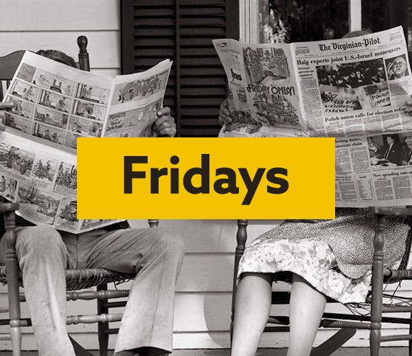 Findmypast Fridays logo overlaid on a photo of two people on rocking chairs reading old newspapers
