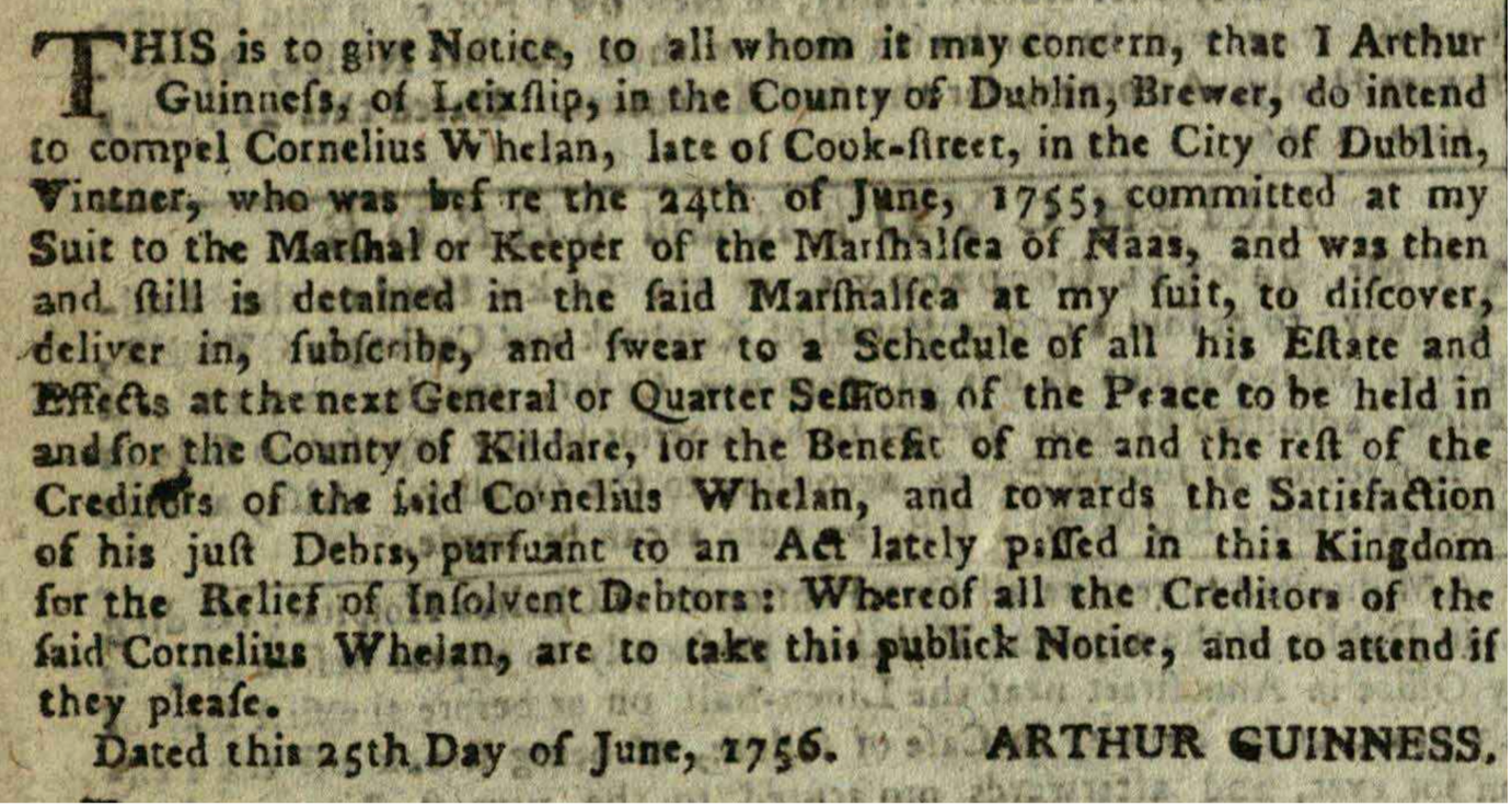 Arthur Guinness in a Gazette entry from 1756