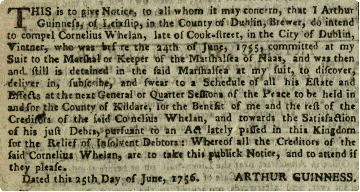 Arthur Guinness in a Gazette entry from 1756