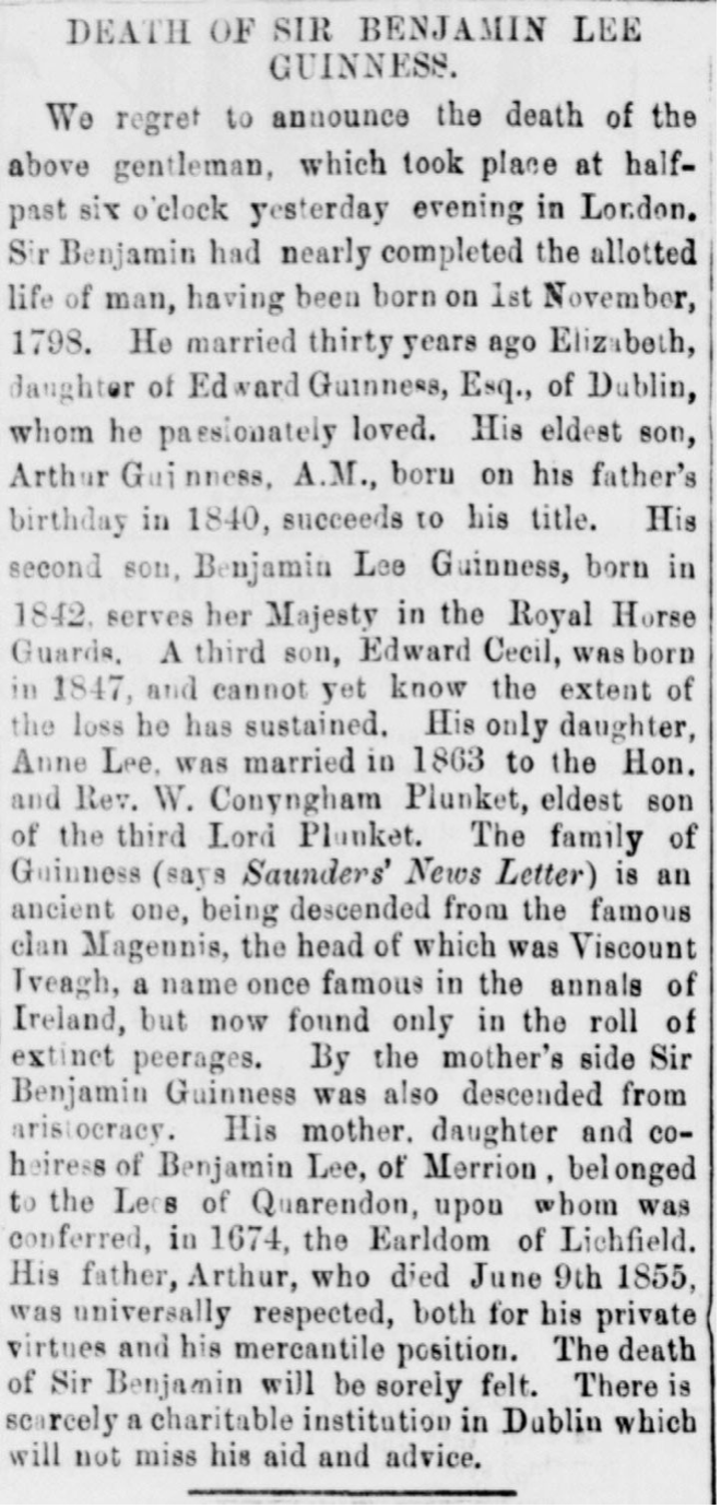 The Guinness family tree from a newspaper