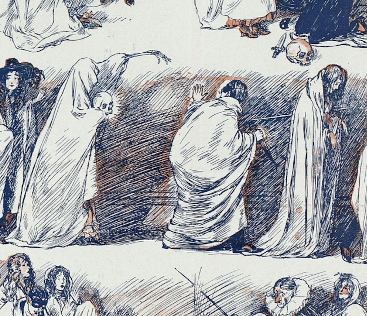 Drawings from 1908 of people dressing up as ghosts