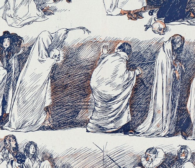 Drawings from 1908 of people dressing up as ghosts