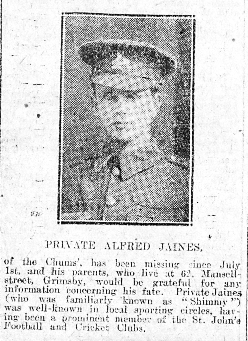 Photo of Pte Jaines, who went missing in July 1916.