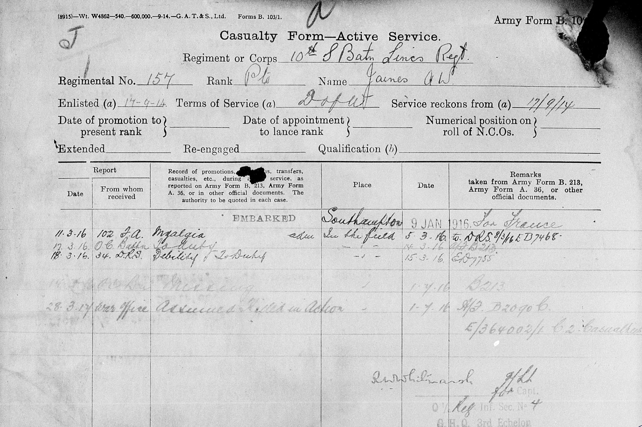 Extract from WW1 service record.